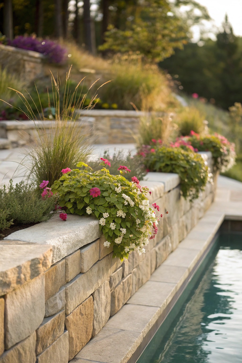 Effortless elegance: a stone retaining wall with lush, trailing flower beds adds natural beauty to your poolside.