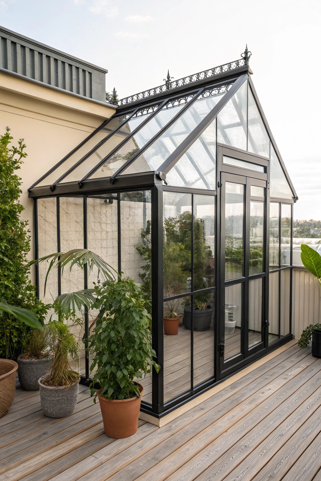 Bring elegance outdoors with a stunning greenhouse-style glass roof.