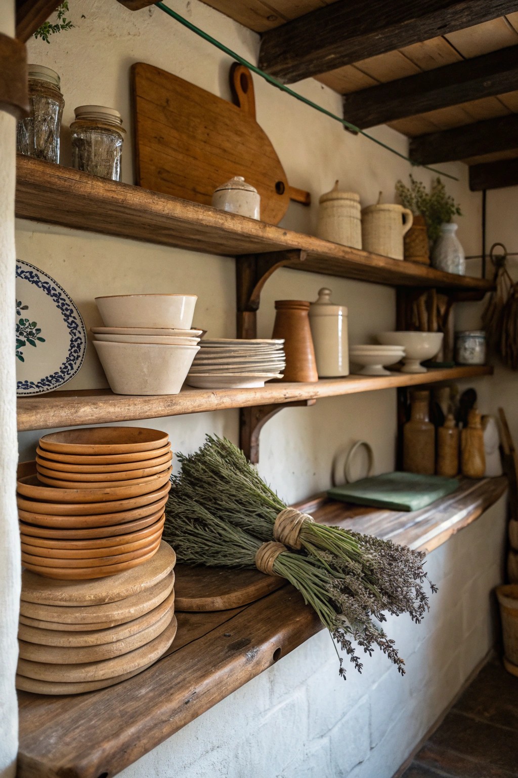Pottery and cutting boards double as art and utility in rustic kitchens.