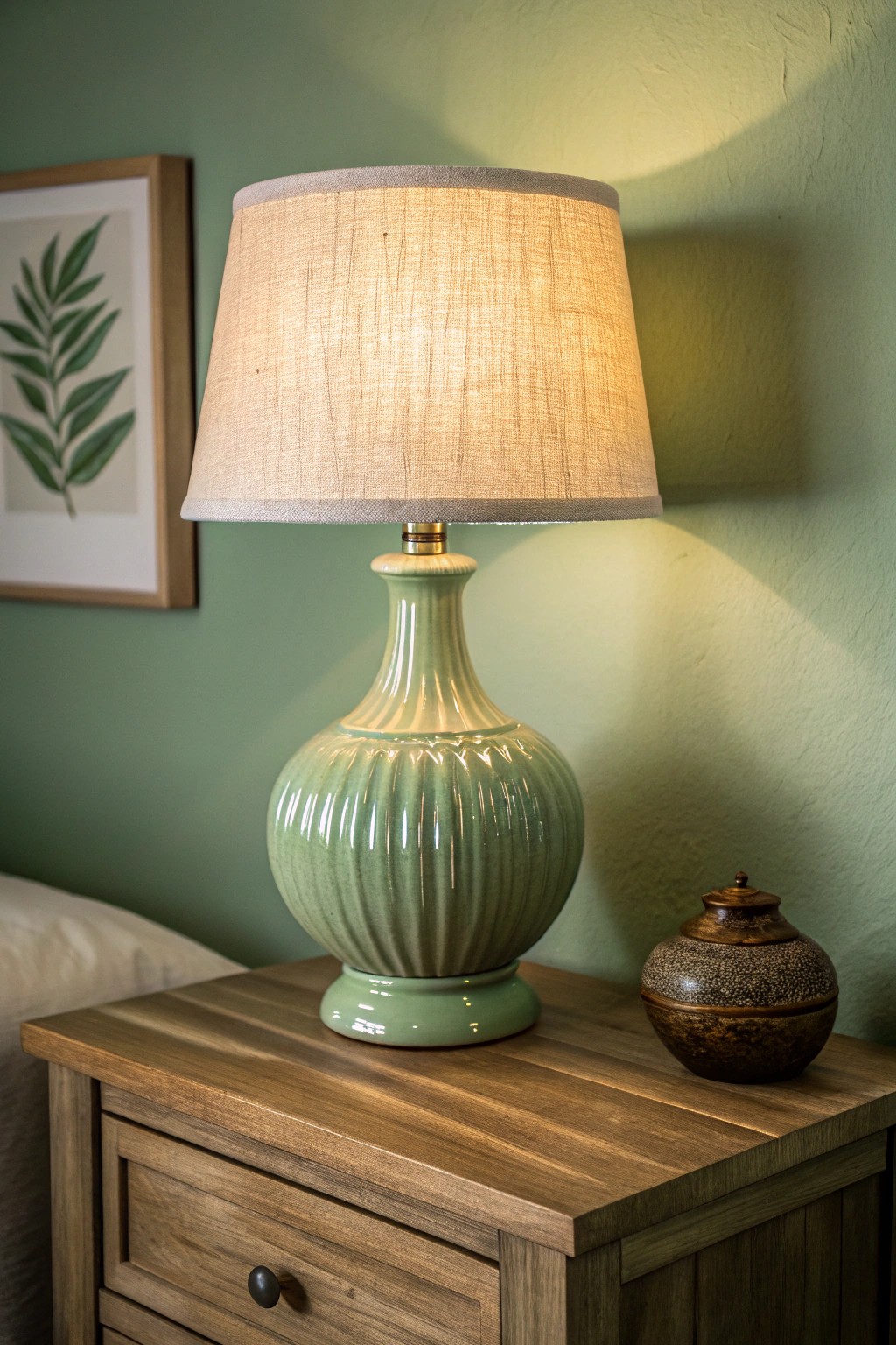 Softly glowing sage: the perfect bedside lamp for cozy, layered lighting.