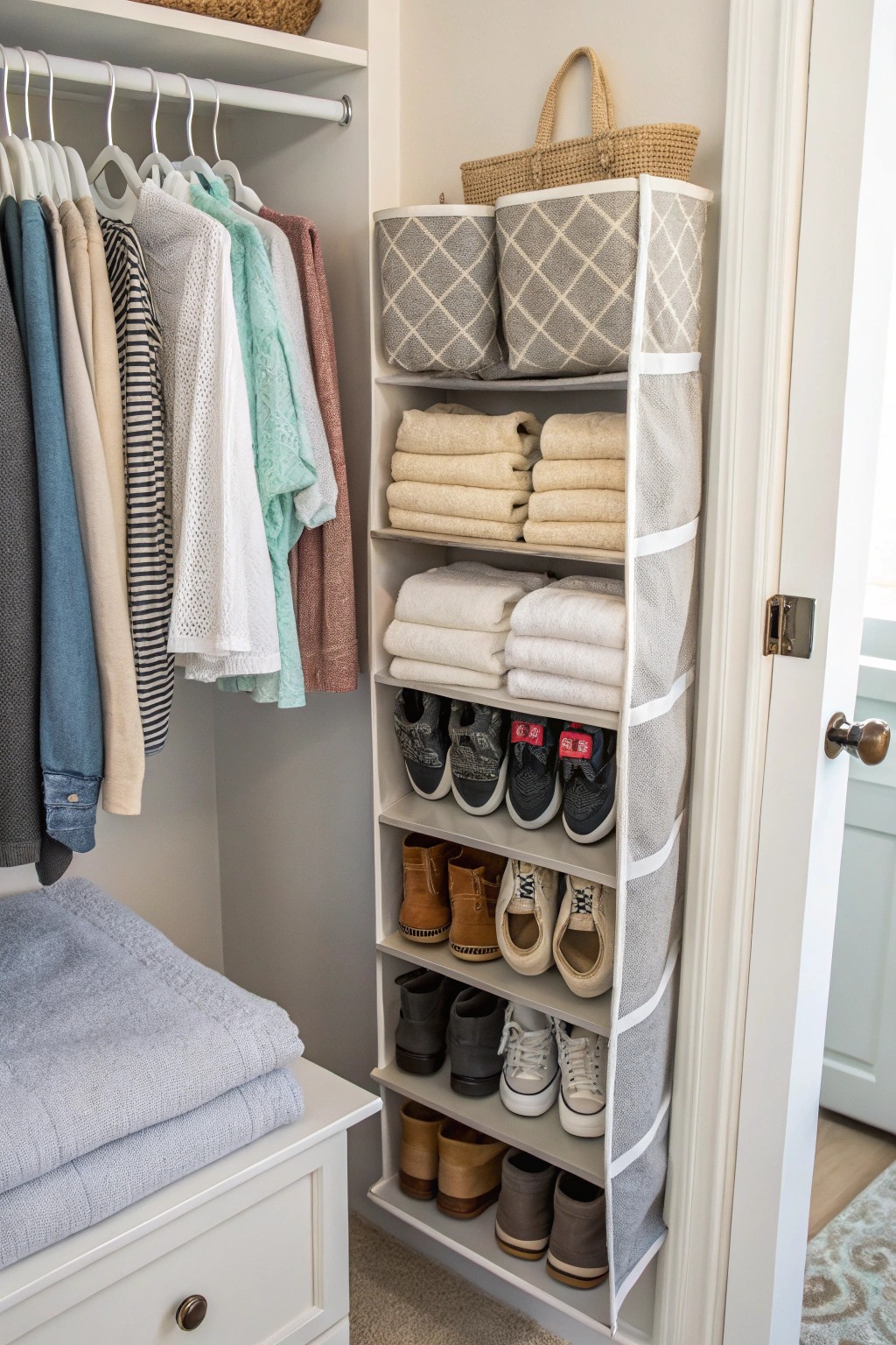 A hanging organizer in the linen closet keeps shoes tidy and out of sight.