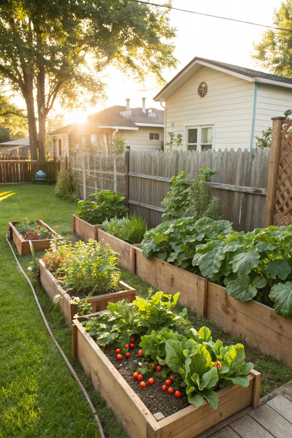 Raised beds along a fence make homegrown veggies easy and accessible.