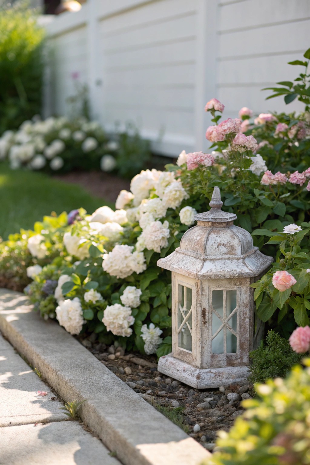 A handcrafted lantern brings elegant focus to a simple front yard flower bed.