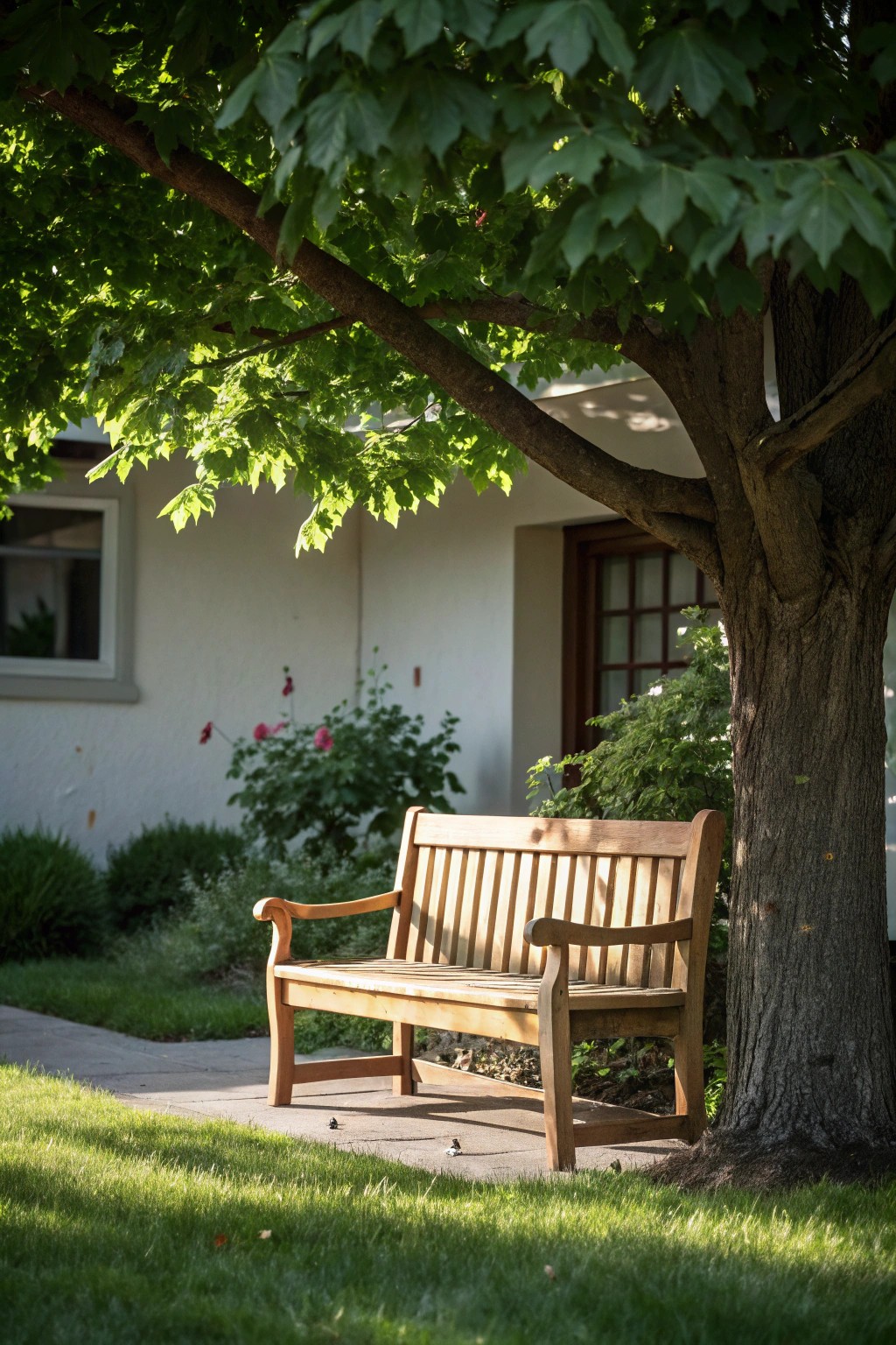 A charming wooden bench under a tree—your new favorite cozy corner.