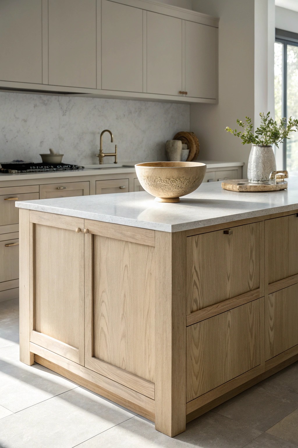 Seamless monochrome kitchen island—where simplicity meets subtle beauty.