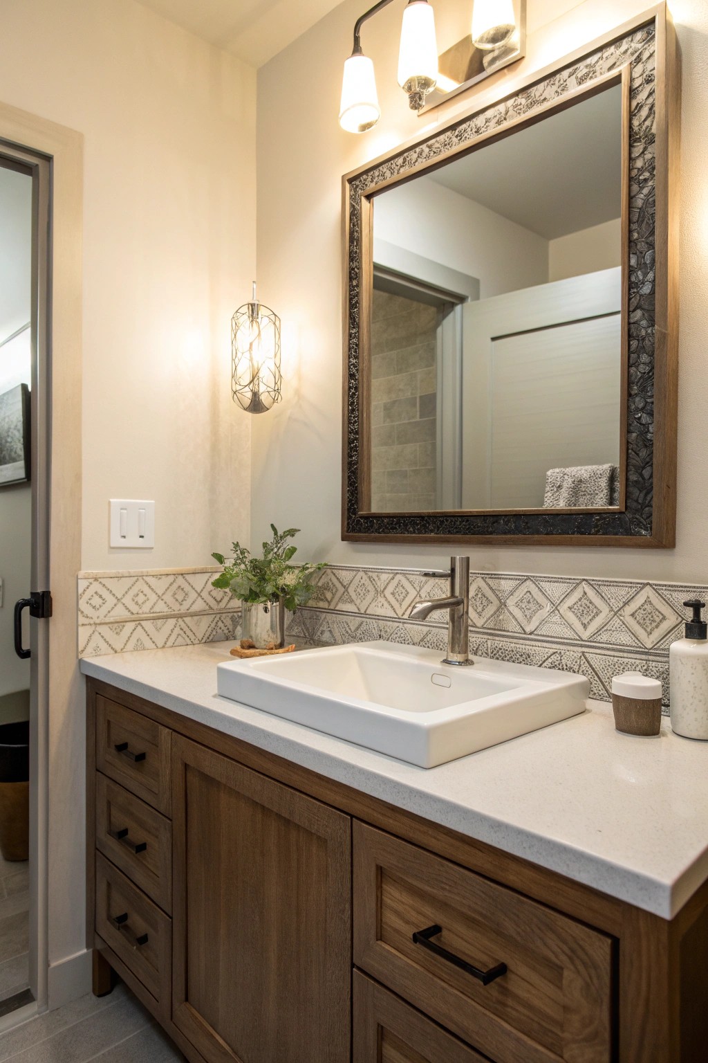Wall-mounted faucets open up counter space and add a modern note.