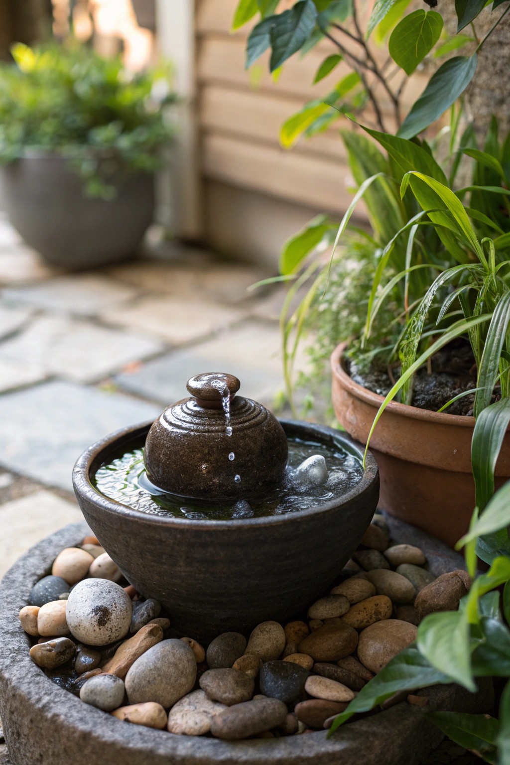 A handcrafted mini bubbling fountain brings tranquil elegance to a cozy patio corner.