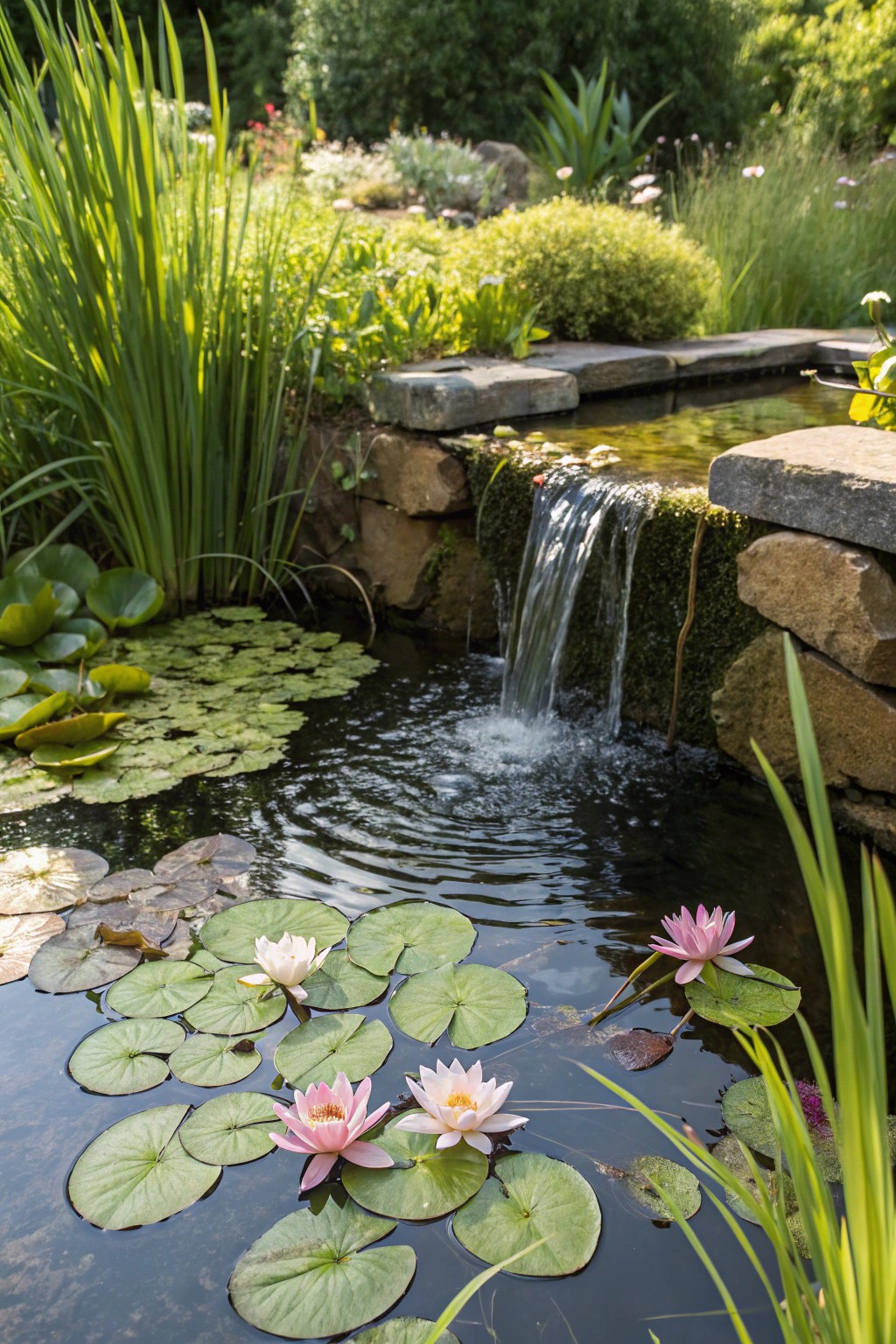 A waterfall flows beneath floating lily pads for a playful, whimsical touch.