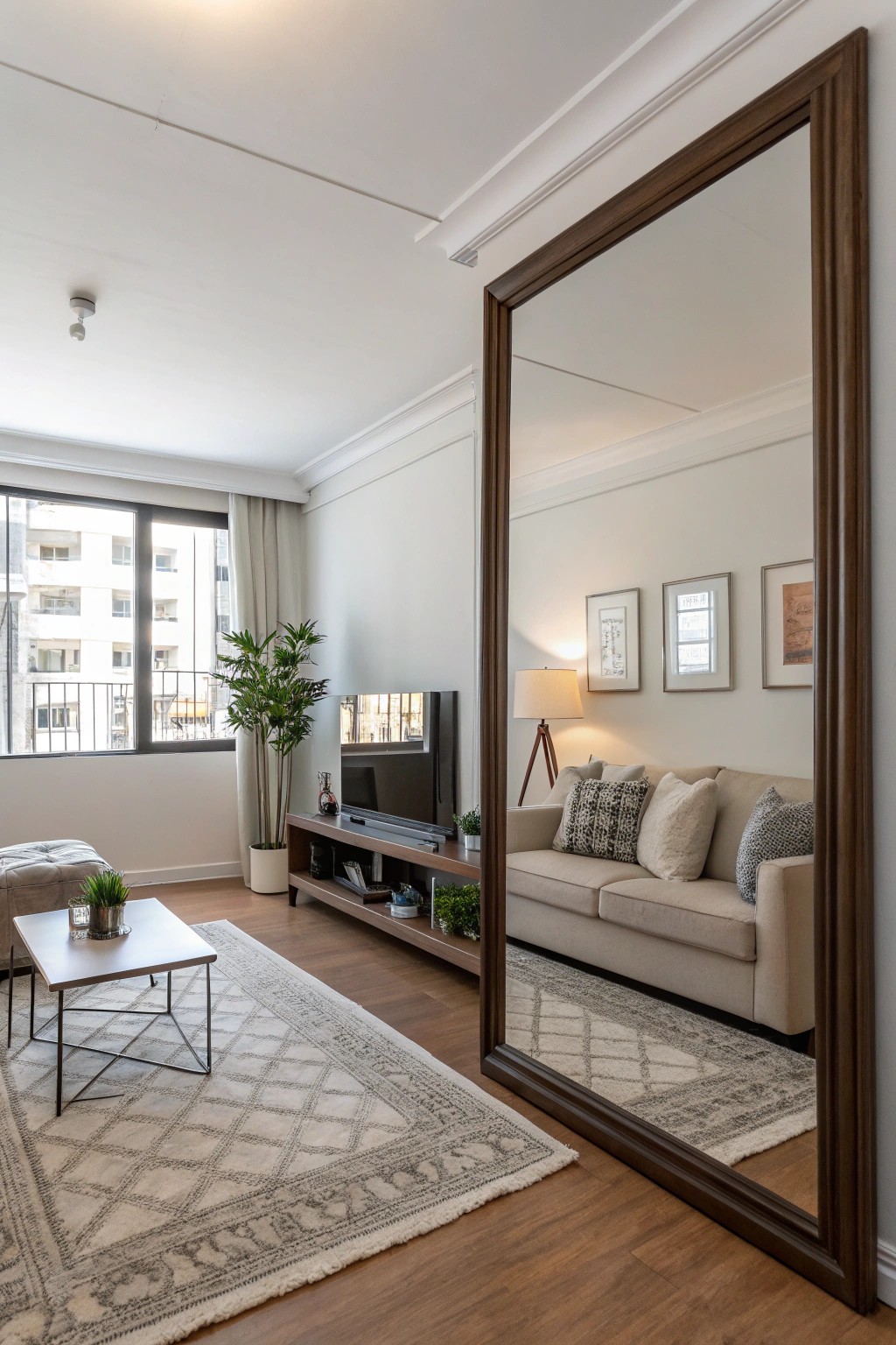 A statement mirror visually expands this small studio.