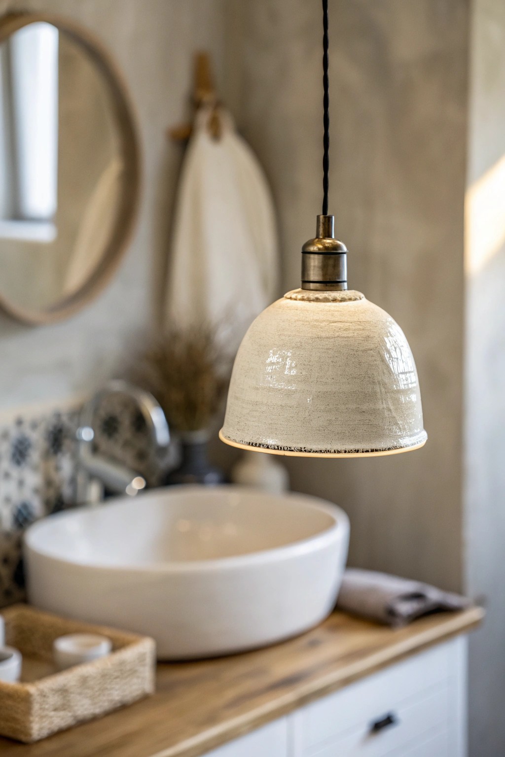 Elevate your small bathroom with a statement pendant light—where simplicity meets sophistication.
