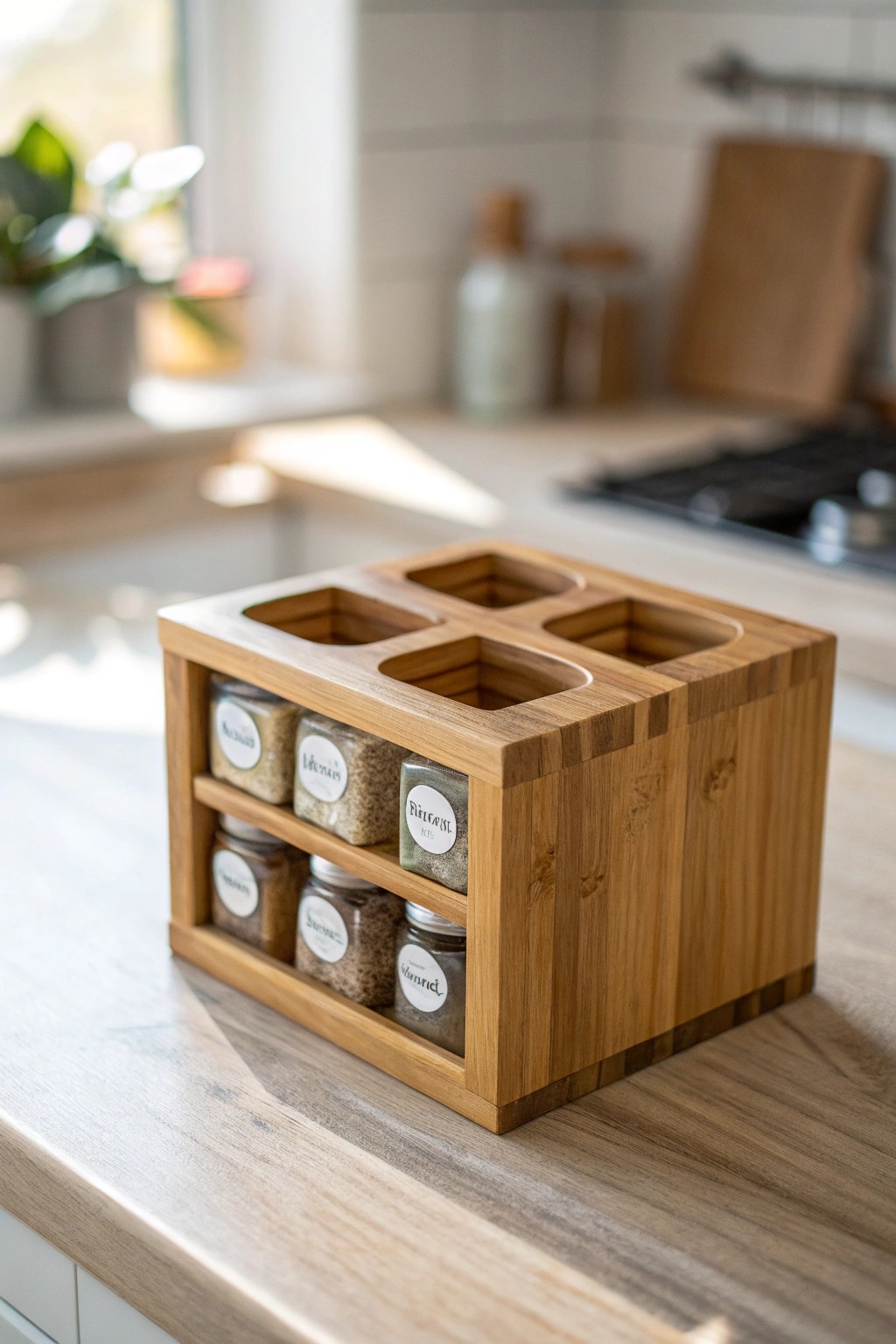 Elevate your kitchen with this beautifully simple bamboo spice cube organizer.