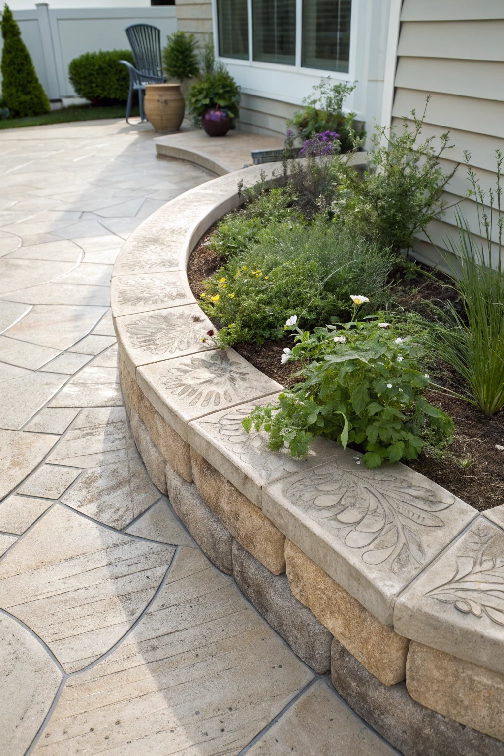 Seamless beauty: a curved stamped concrete patio with an integrated planter bed for fresh herbs.