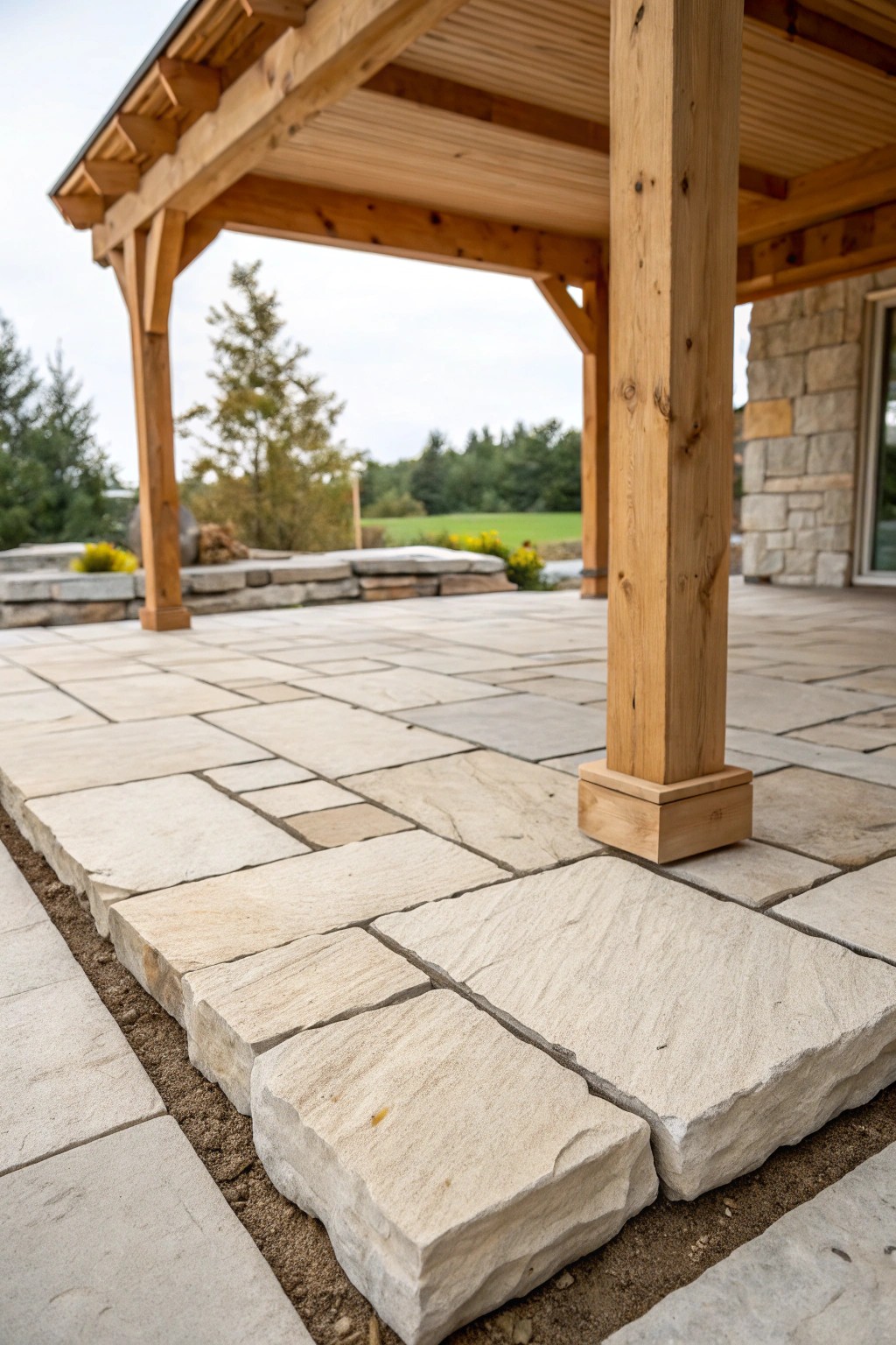 Stone and wood—an effortlessly elegant patio pairing.