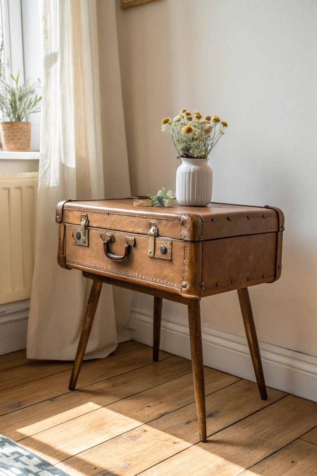 Chic storage: Vintage suitcase turned nightstand for stylish small spaces.