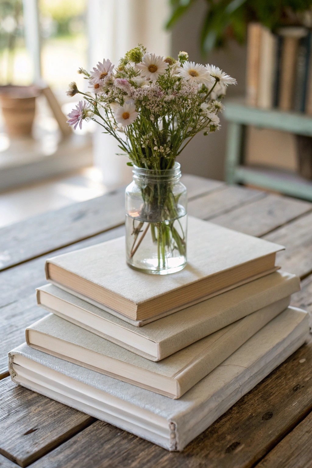 A charming stack of favorite books topped with wildflowers—simple, thoughtful, and effortlessly beautiful.