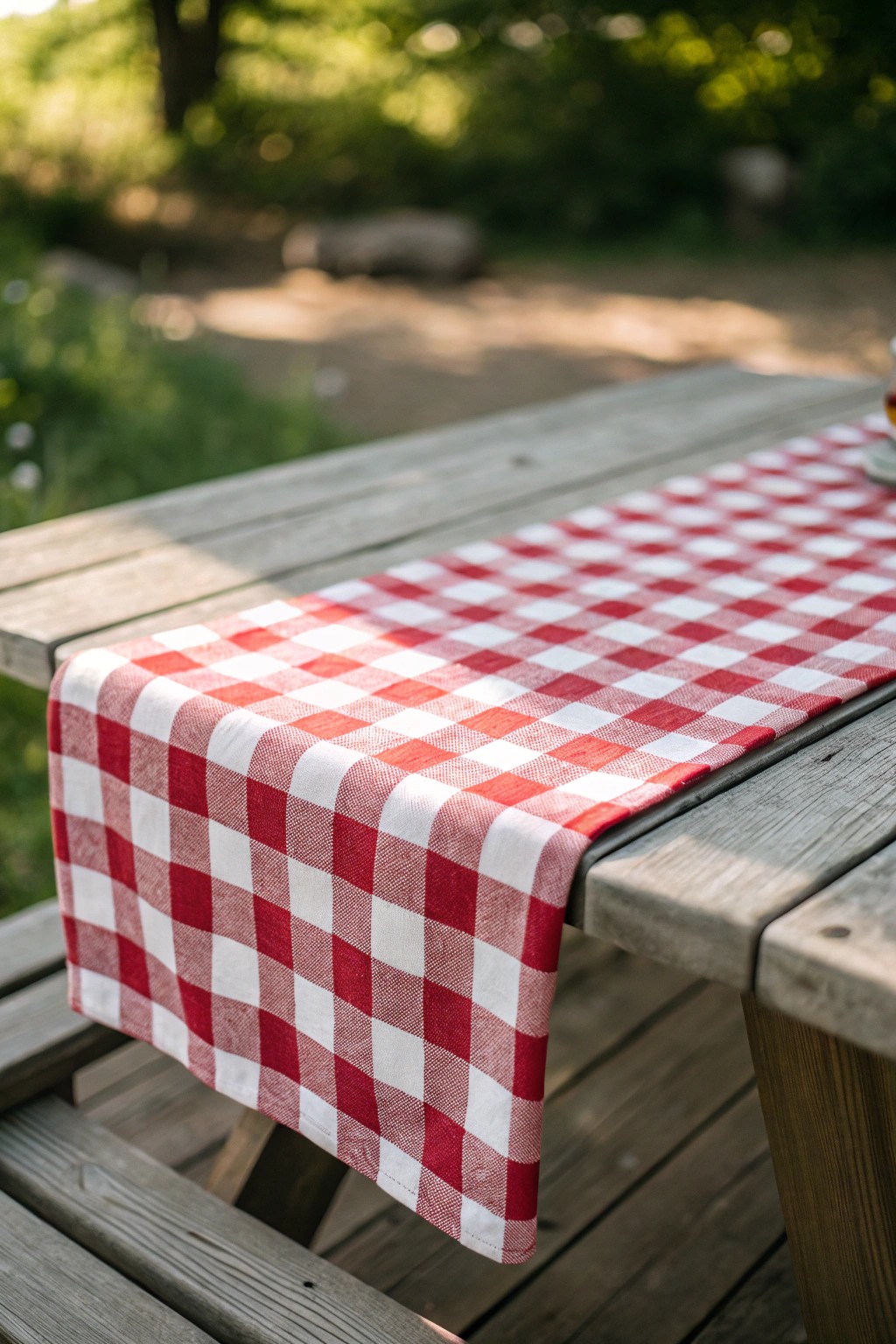 Classic picnic vibes: a checkered table runner brings effortless charm outdoors.