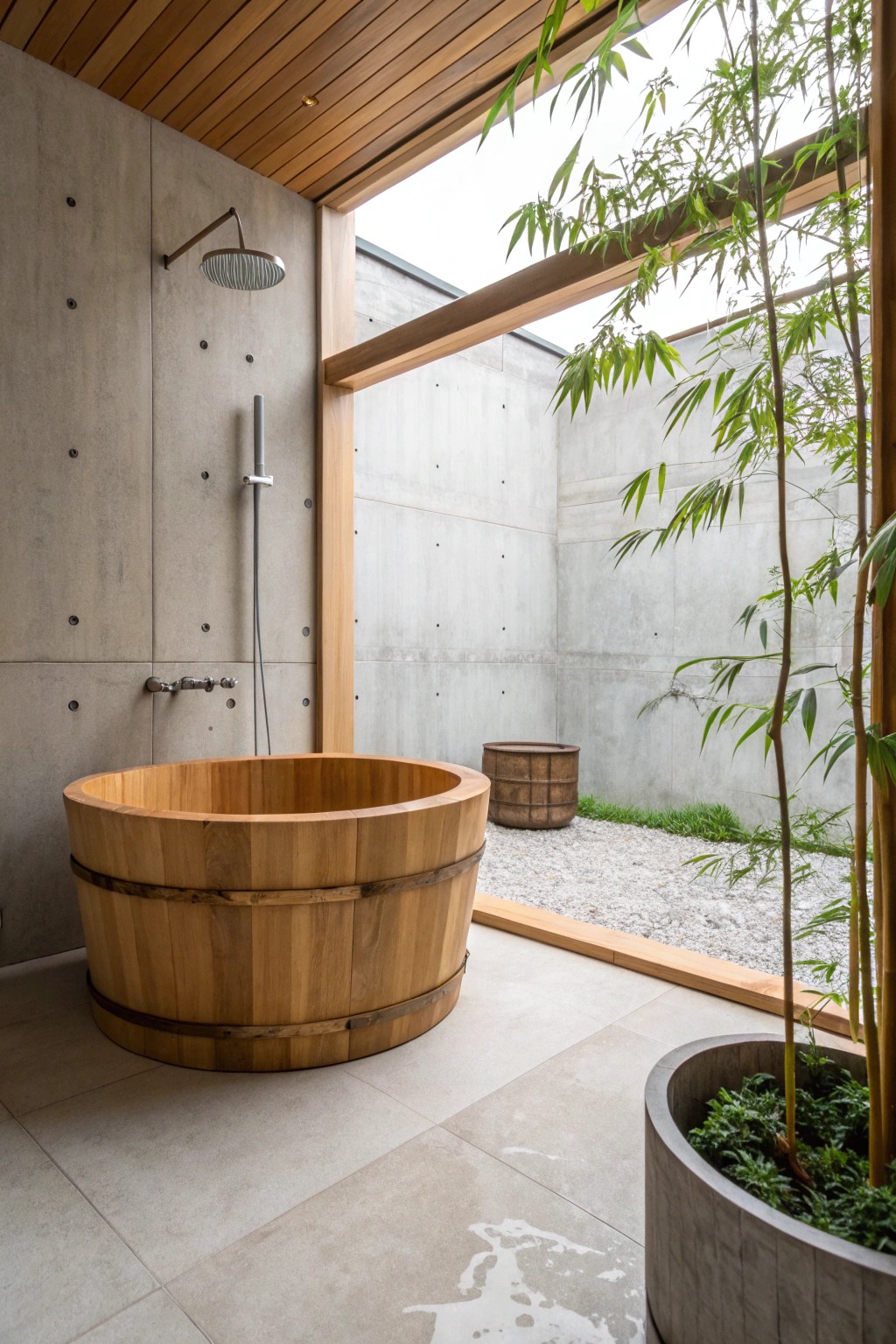Zen simplicity: a handcrafted wooden soaking tub transforms the wet room into a serene retreat.