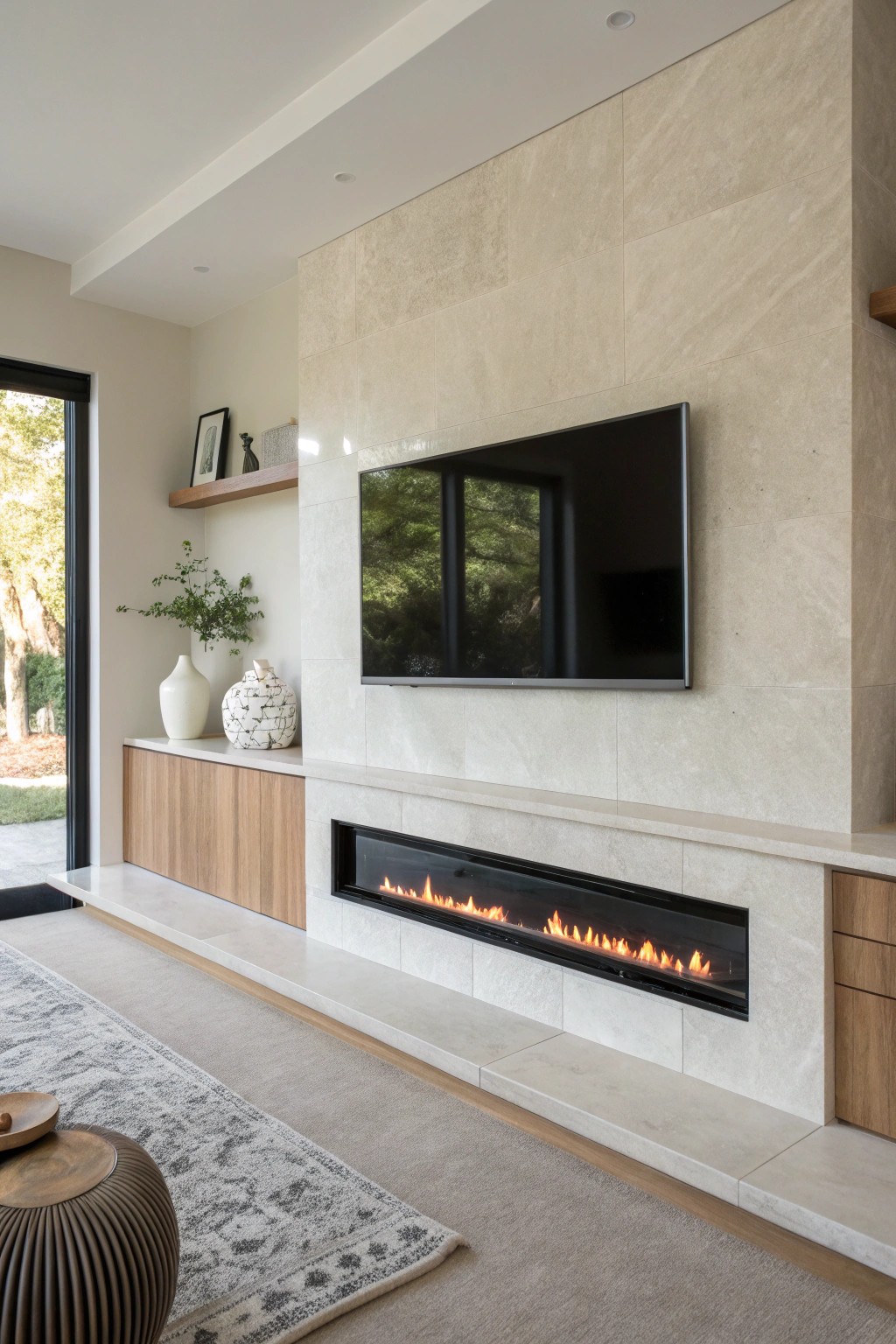 Effortless elegance: a modern fireplace and TV create a cozy, stylish focal point.