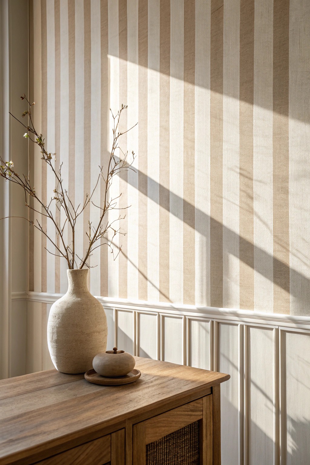 Subtle stripes and sunlight—elevate your space with quiet elegance.
