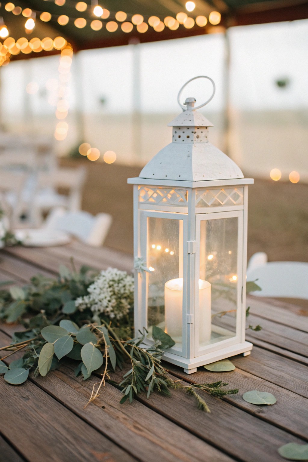 Enchanting wedding centerpiece: A glass lantern glowing with fairy lights and greenery.