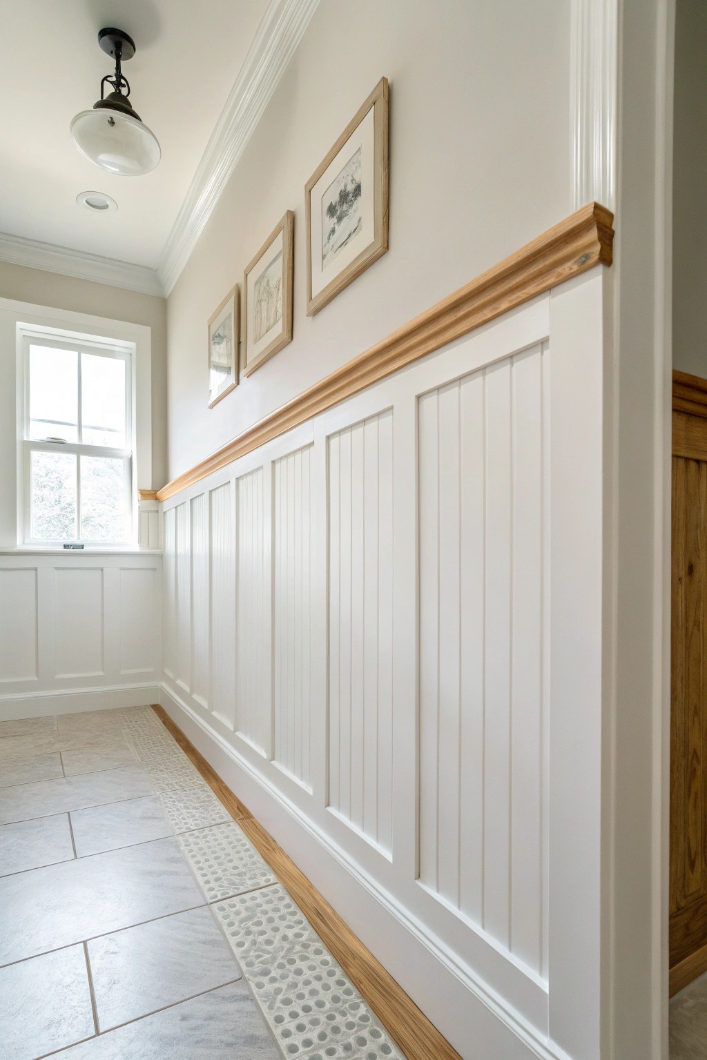 Elevate your bathroom with timeless white wainscoting for a touch of classic elegance.