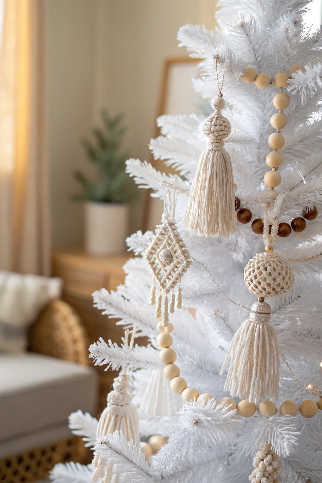 Boho-chic white Christmas tree adorned with macrame and tassel details—simple, natural, and beautifully unique.