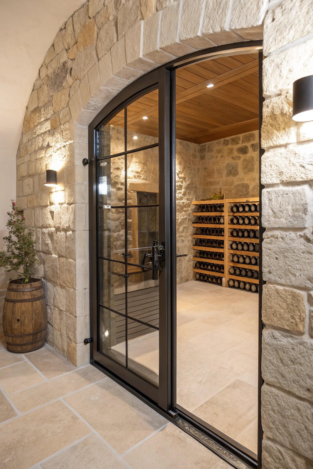Make an entrance—sleek glass and black metal doors turn your wine cellar into a modern masterpiece.