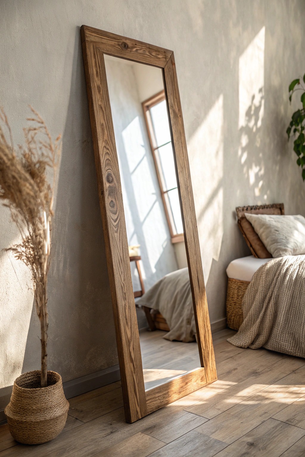 A beautifully framed mirror brings light and artistry to your bedroom sanctuary.