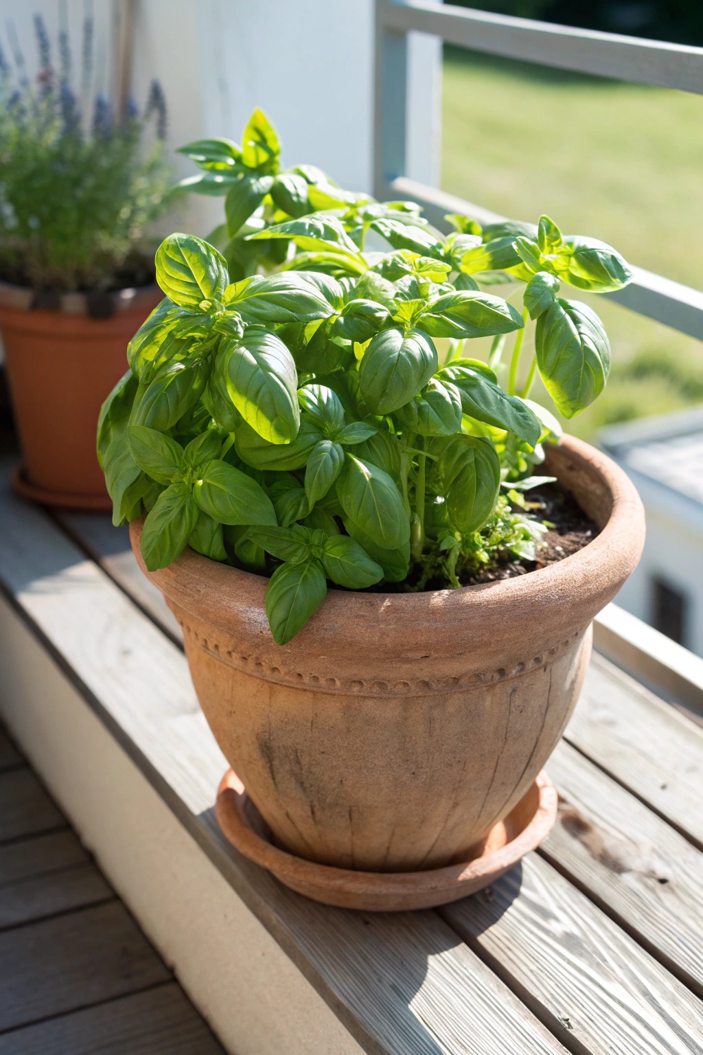 Fresh basil in a handcrafted pot—simple patio perfection.