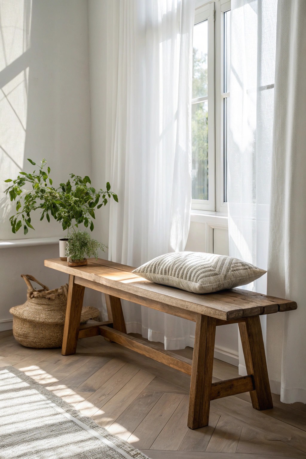 Effortless charm: a wooden bench under the window adds beauty and function to any living room.