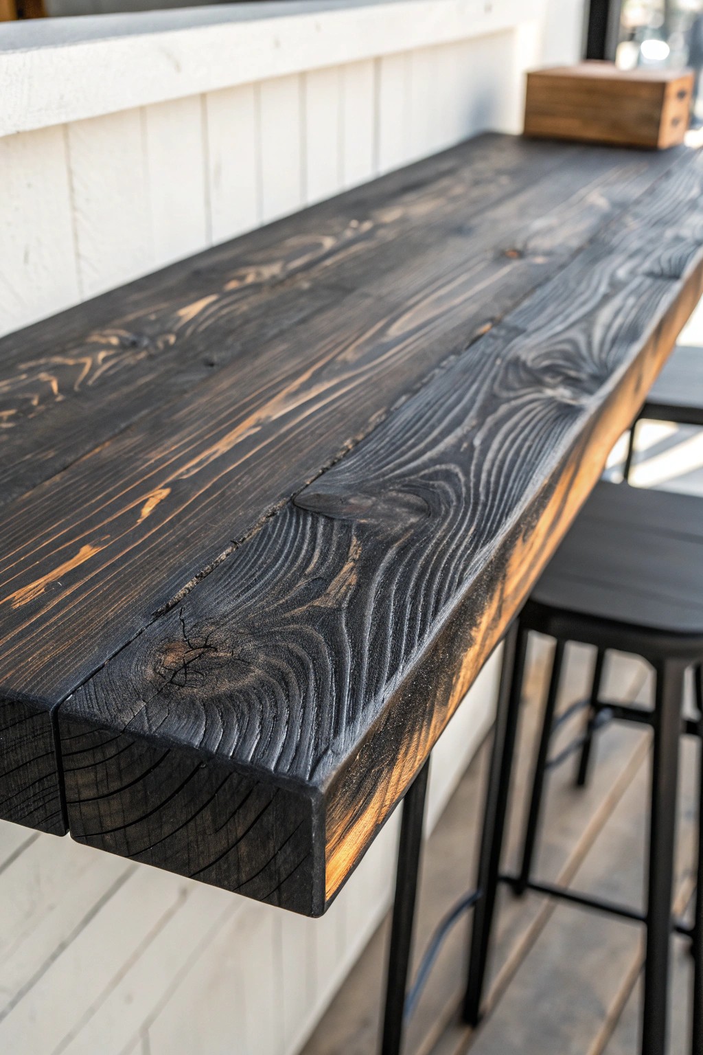 Elevate your space with the bold, natural beauty of a burnt wood bar top.