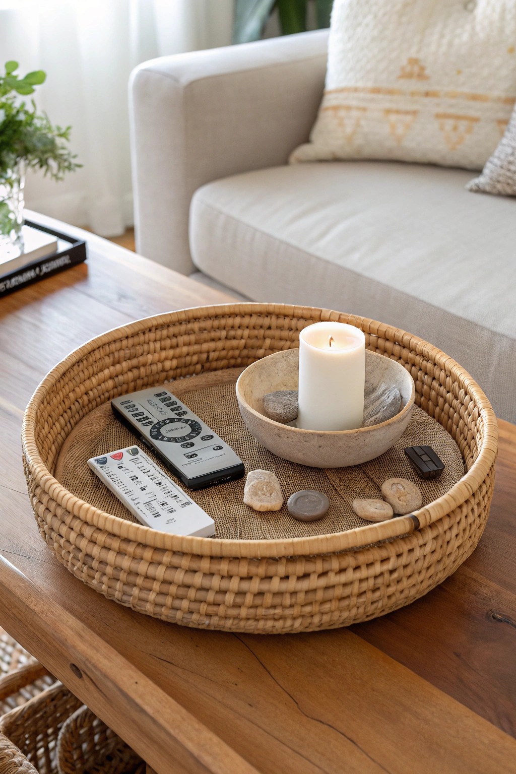 Effortless style: a handcrafted tray basket keeps coffee table essentials beautifully organized.
