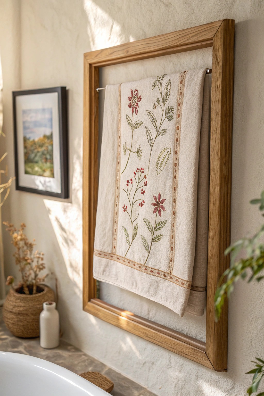Elevate your bathroom with the timeless charm of framed textile art.