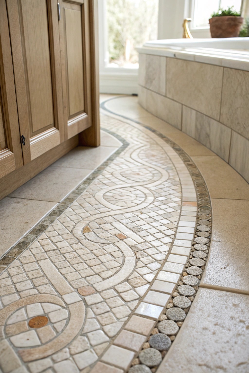 Let your bathroom floor flow with handcrafted mosaic artistry.