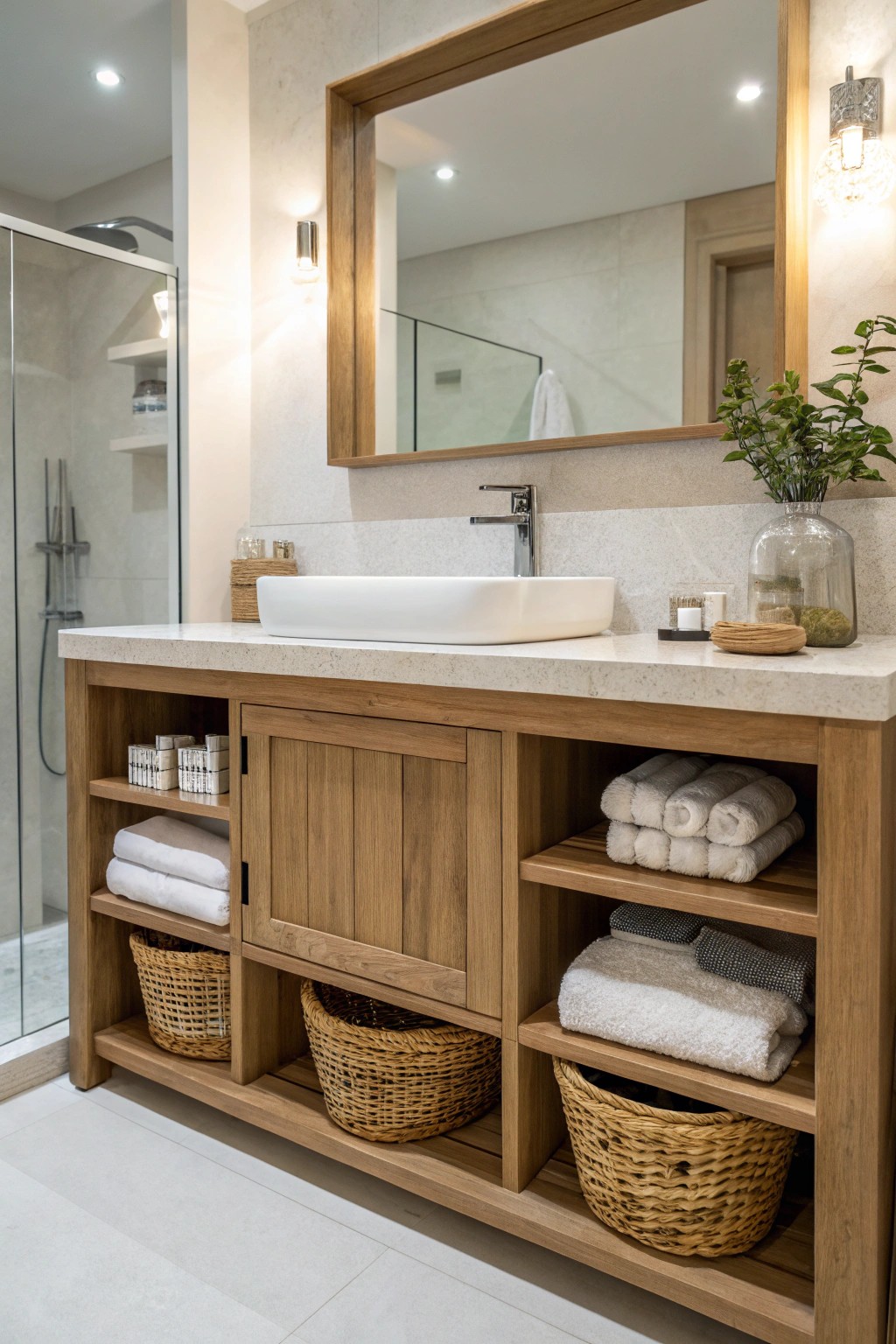 Integrated storage under the sink keeps bathrooms organized and visually balanced