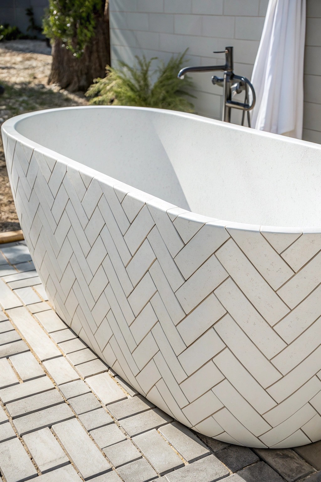 Elevate your bath sanctuary with the timeless elegance of herringbone tile.