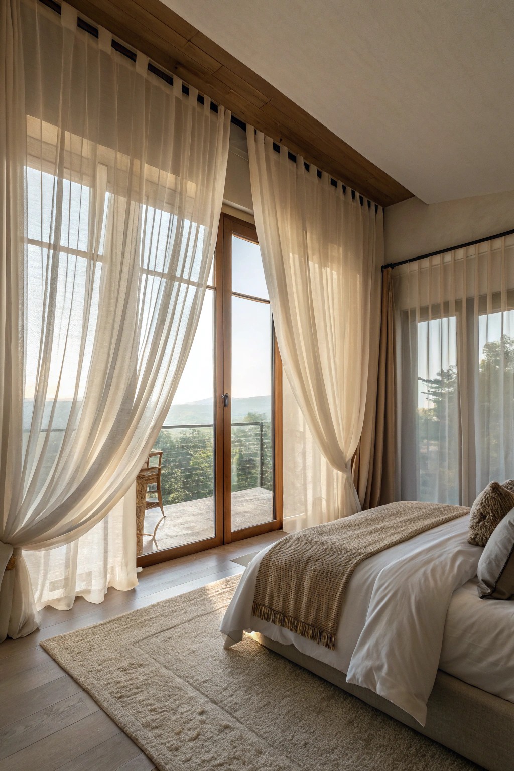 Draped curtains add grace and privacy, perfect for shared spaces.