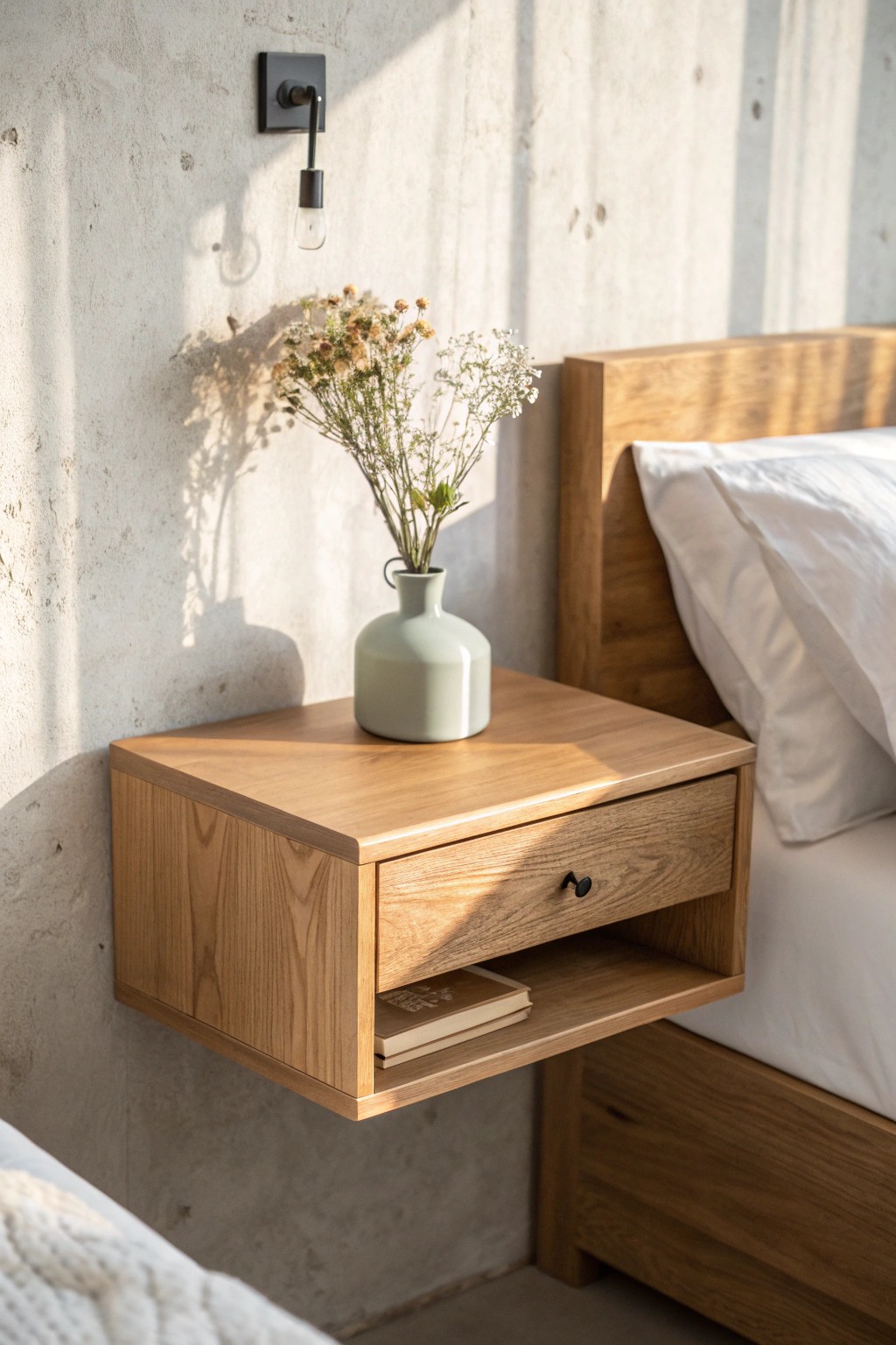 Elevate your bedroom with a minimalist floating nightstand—where natural beauty meets modern design.