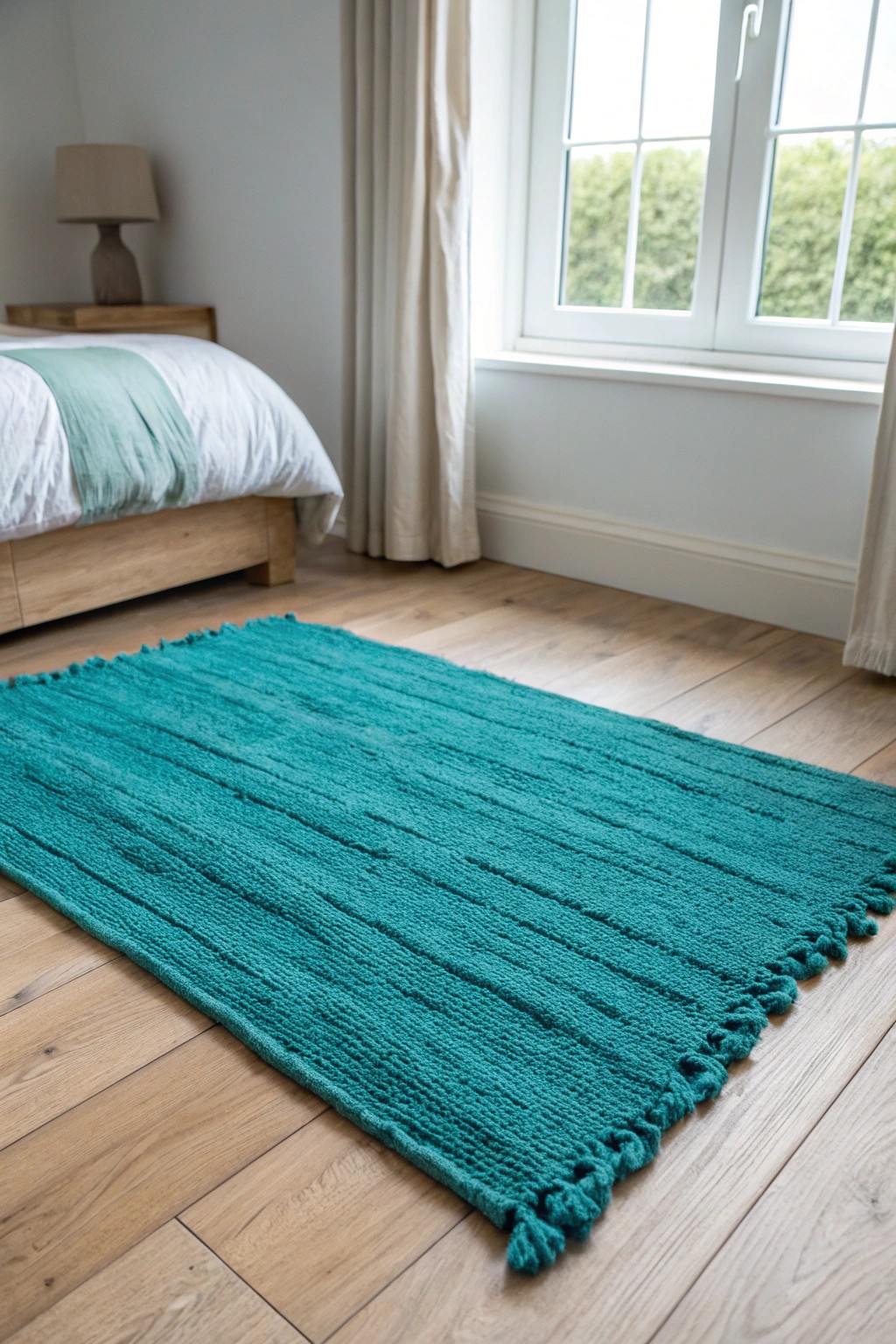 Let a vibrant rug bring joyful energy and artistry to your serene bedroom.