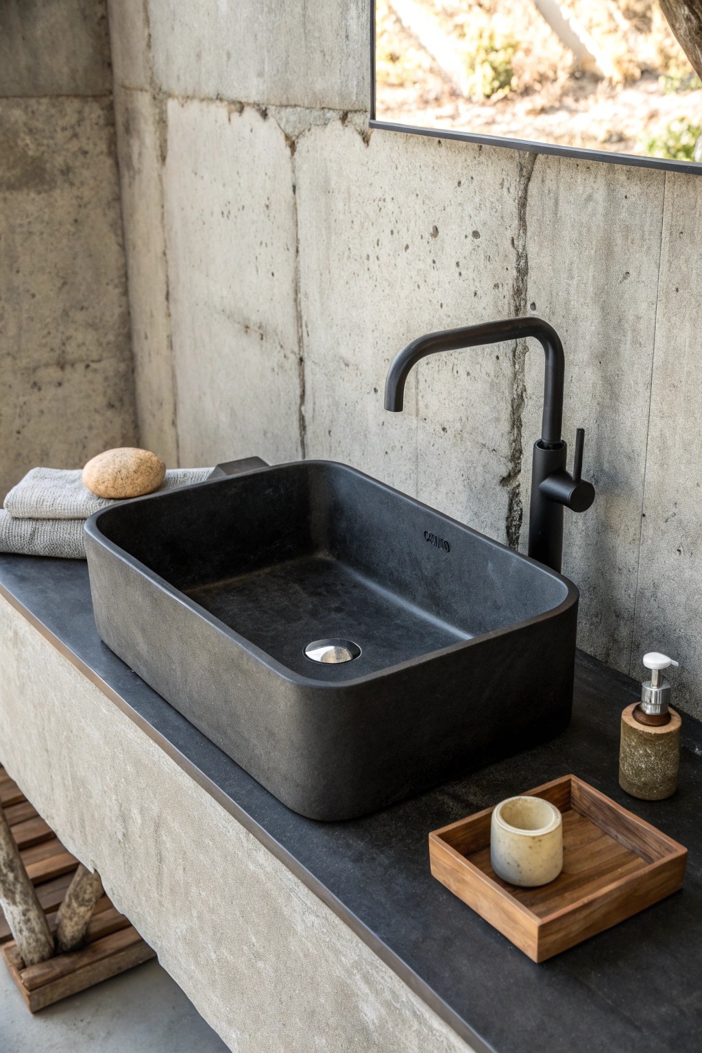 Edgy sophistication: Black concrete craftsmanship in the modern urban bathroom.