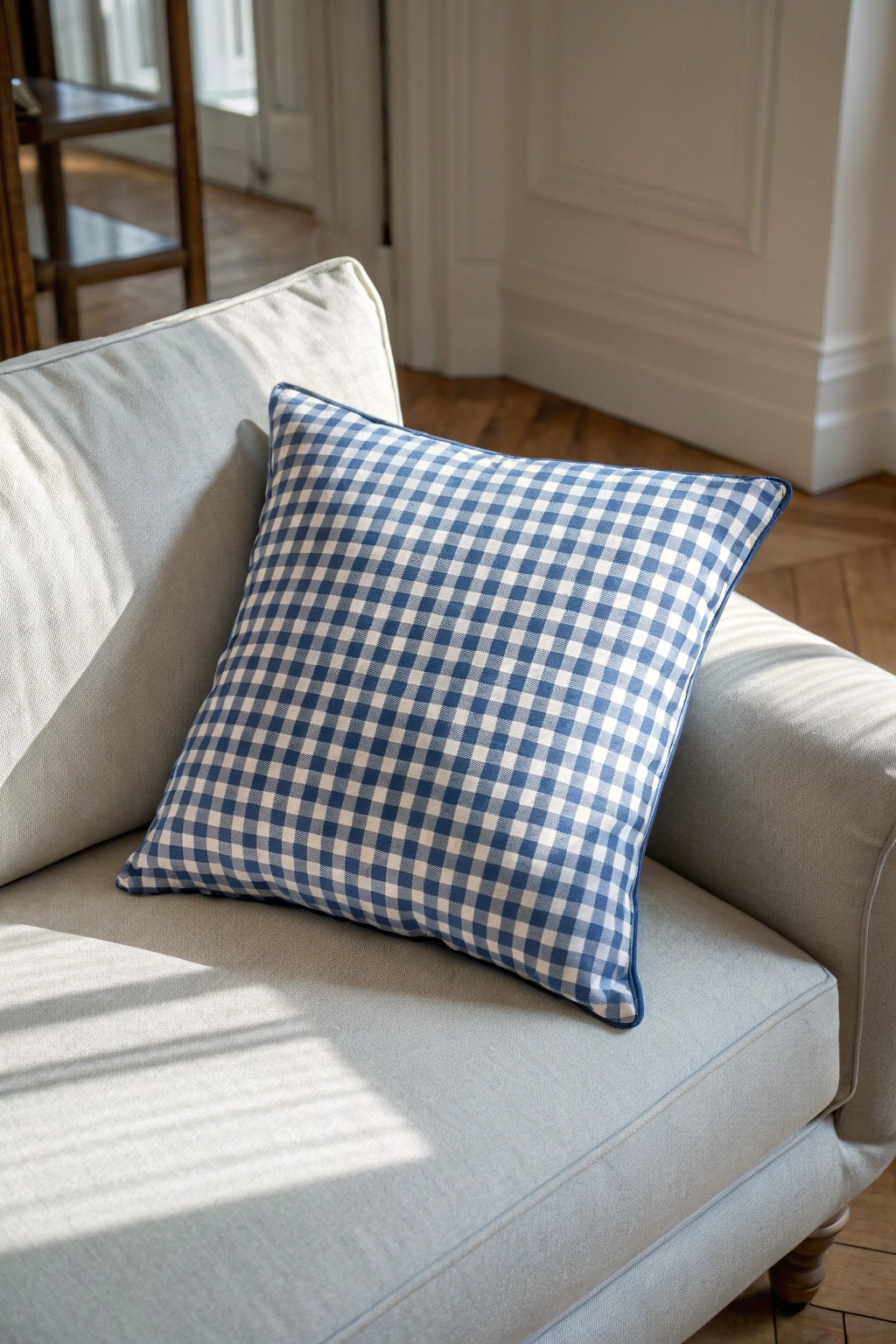Add playful charm to your living room with a blue gingham accent pillow.