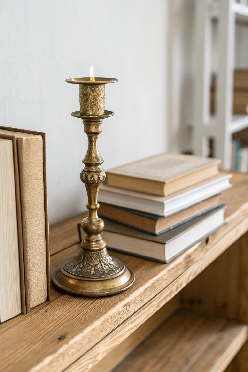 A vintage brass candlestick brings timeless character to your bookshelf decor.