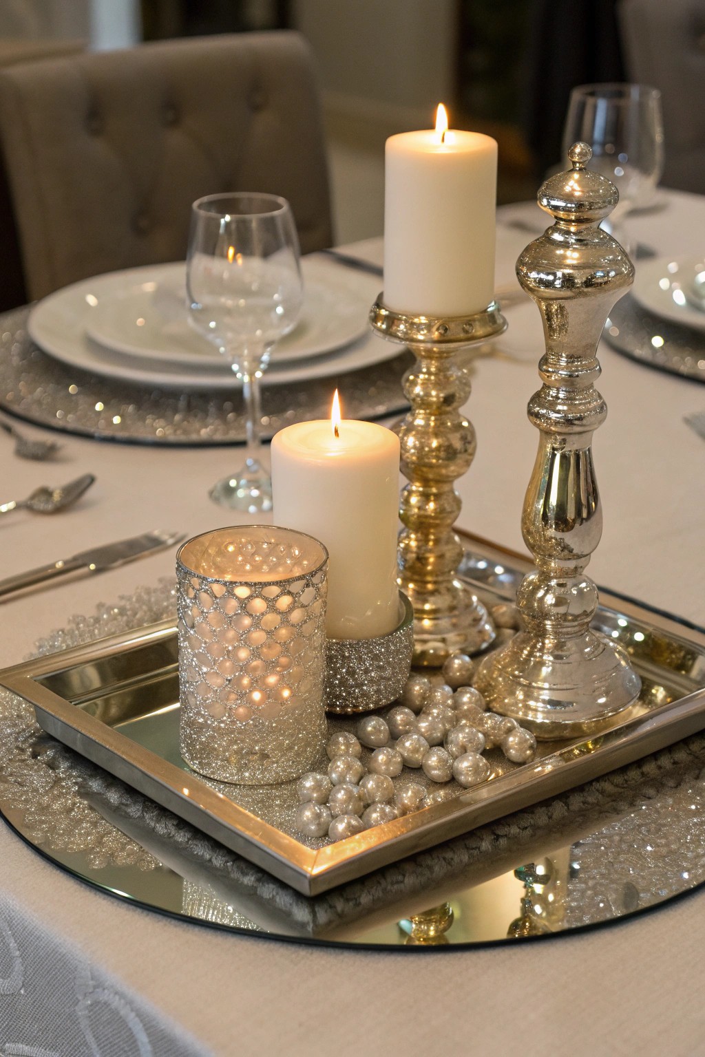 Mirrored trays and metallics give your centerpiece an elegant, upscale feel.