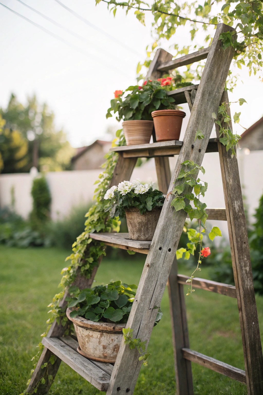 Turn a vintage ladder into a charming garden plant stand for instant backyard character.