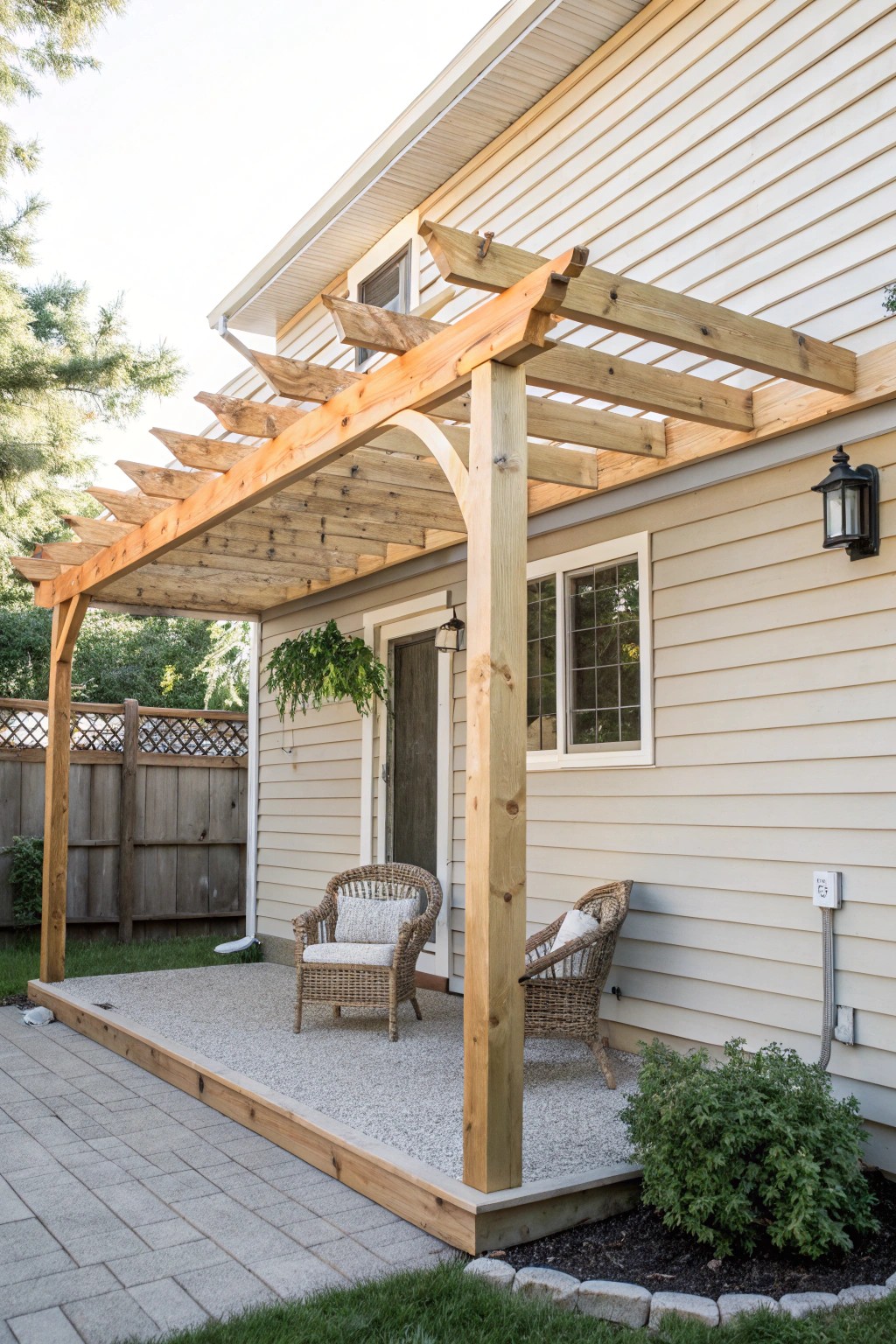Simple charm: a DIY half-pergola brings natural shade and cozy style to your patio.