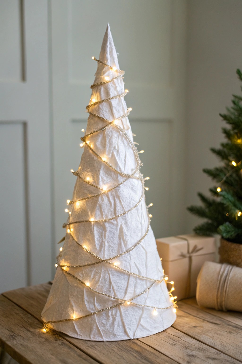 Whimsical paper cone tree with fairy lights – a simple, handcrafted holiday centerpiece.