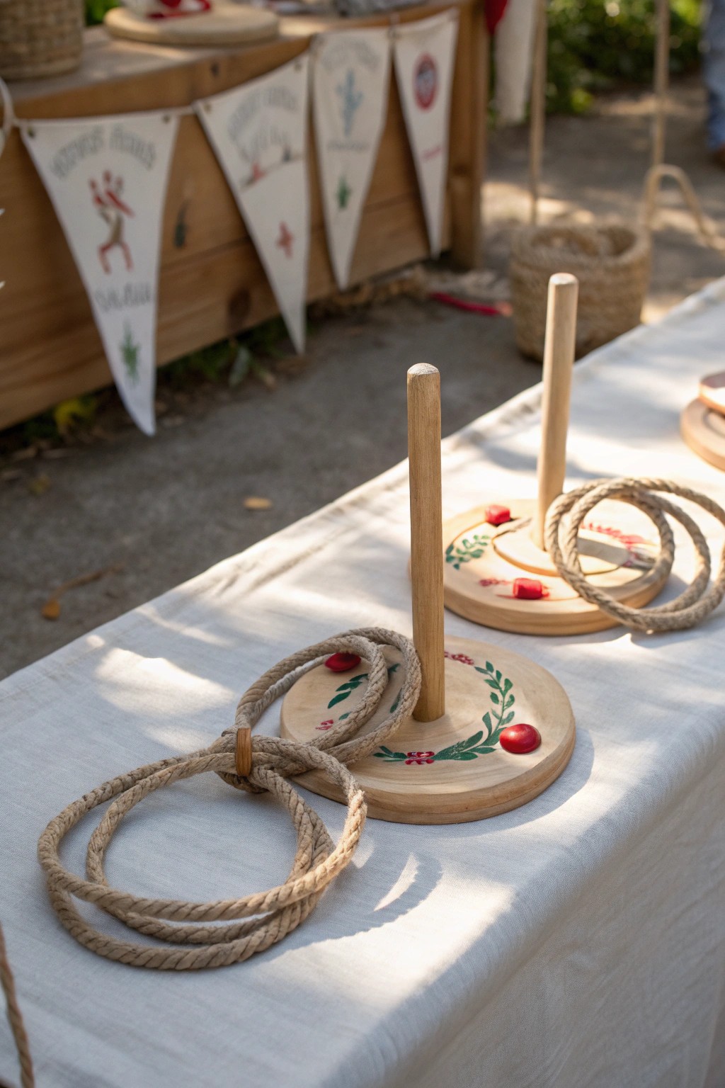Bring simple, handcrafted fun to your Christmas carnival with a wooden ring toss game.