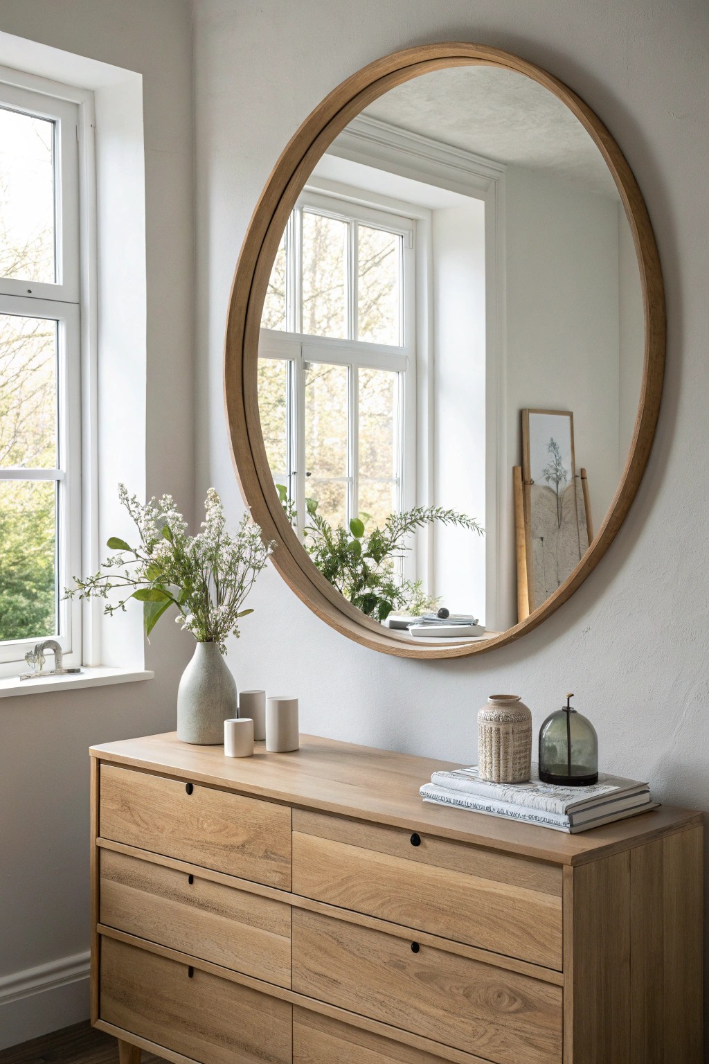 Brighten your space with a beautifully crafted round mirror for natural light and effortless style.