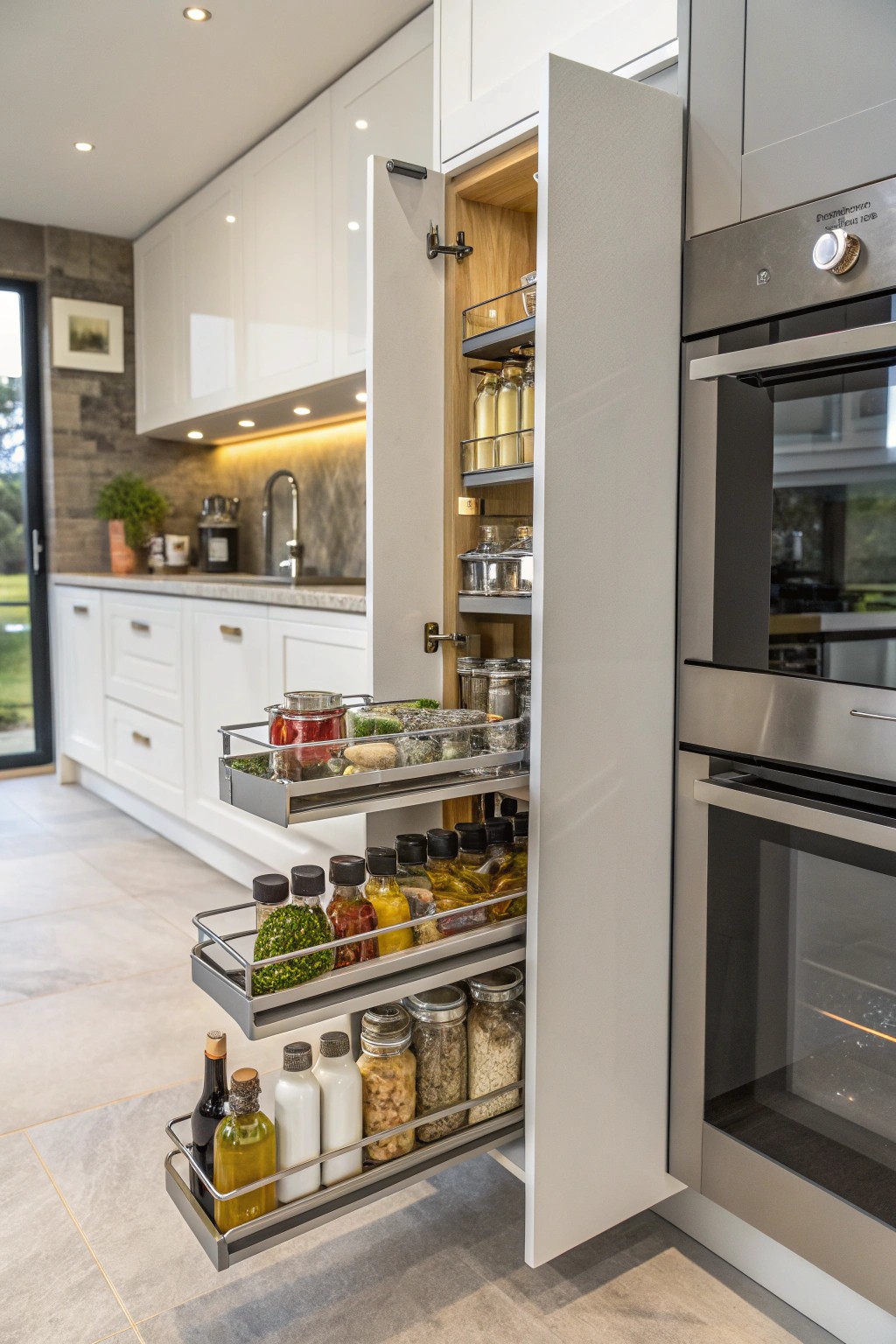 A slim pull-out makes the most of tight corners and keeps spices at your fingertips.