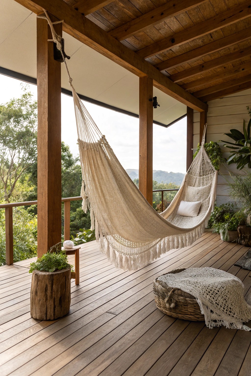Find your peaceful retreat with a handwoven hammock nook on a covered deck.